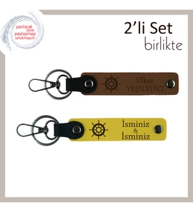 Sevdiklerine Yön Veren Armağan, Gemi Dümeni Anahtarlık Seti, Kişiselleştirilebilir, Açık Kahve-Sarı