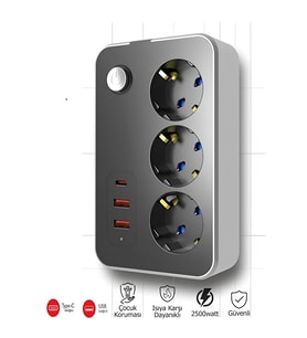 Termal Akım Korumalı USB ve Type-C 2.1A Şarj Çıkışlı 10A 2500W 3'lü Uzatma Grup Priz 2 Metre 3414 (Siyah)