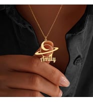 Kişiye Özel 925 Ayar Gümüş Ay Satürn Tasarım İsim Kolye (Gold)