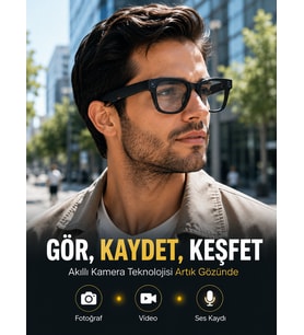 Siyah Bluetooth Akıllı Kamera Gözlüğü Fotoğraf Video Ses Kayıtlı AI Sesli Asistanlı Manyetik Şarjlı 3 Lensli
