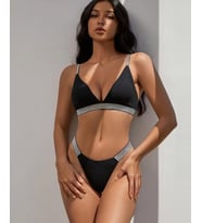 Siyah Parlak İpli Şeritten Balensiz Bralet Tanga Takım -3474