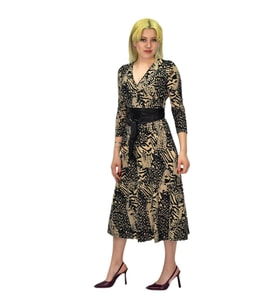 Kadın Viskon Leopar Desenli  V Yaka Elbise BGL-ST03536 (Camel)