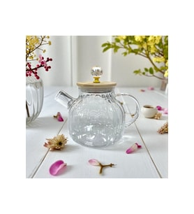 Isıya Dayanıklı Borosilikat Cam Demlik, Bambu ve Metal Kapaklı, Süzgeçli, 1000 ML