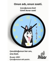 İsme Özel Husky Köpek Çizimli Çocuk Odası Duvar Saati Orta Boy 30 cm Siyah Camlı Sessiz