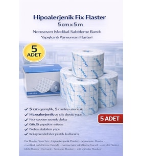Hipoalerjenik Fix Flaster 5 cm x 5 m 5 Adet Nonwoven Medikal Sabitleme Bandı Yapışkanlı Pansuman Fla