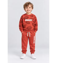 Erkek Çocuk Rugby Topu Baskılı Pamuklu Sweatshirt ve Pantolon Eşofman Takımı Ak119