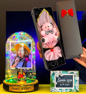 Size Özel Fotoğraflı İsimli Renkli Led Işıklı Fanus ve Kutusunda Pembe Ayıcık Buketi (Model 6)