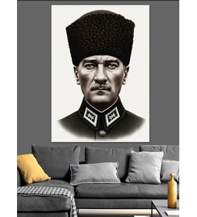 Atatürk Kalpaklı Siyah Beyaz Dekoratif Kanvas - Mdf Ahşap Tablo