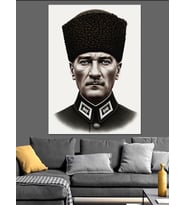 Atatürk Kalpaklı Siyah Beyaz Dekoratif Kanvas - Mdf Ahşap Tablo