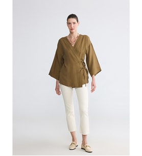LCW EVERYDAY Yeşil Kruvaze Yaka Müslin Oversize Kadın Kimono