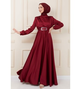 Bordo Omuz Vatkalı Mevlana Saten Tesettür Abiye