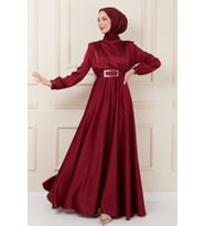 Bordo Omuz Vatkalı Mevlana Saten Tesettür Abiye