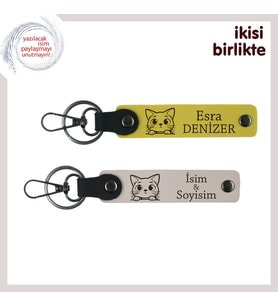 Minik Patilerin Evi Sıcacık Yaptığı Anılara, Kedili Anahtarlık 2’li Set, Sarı-Pudra (Çok Renkli)