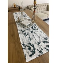 40x150 Yeşil Çiçekli İnce Keten Dekoratif Runner