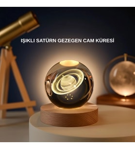 Satürn Gezegenli Kristal Küre Led Lamba Usb’li Ahşap Standlı