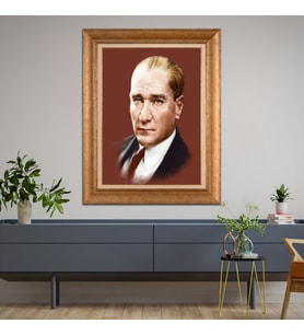 Altın Varaklı Çerçeveli Paspartulu Atatürk Tablo DC1132 (Gold)