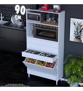 Eliusta Kumsal 90 cm Fırın Dolabı Beyaz 3 Çekmeceli Sepetli Çok Amaçlı Mutfak Kiler Dolabı 90x194x32 cm