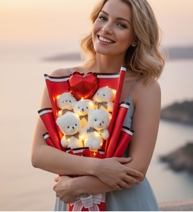 LED Işıklı 5’li Beyaz Peluş Ayıcık Buketi – Kalp Balonlu Romantik Sevgiliye Kıza Hediye (Kırmızı)