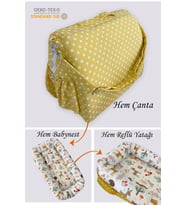Jaju Baby 3n1 Reflü yatağı, Babynest, Anne Çantası Sarı Puantiyeli Orman Desen Lüx Baby Nest