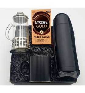 Siyah Kilitli Kapaklı Çelik Termos & Metal Kulplu French Press & Siyah Kupa & Nescafe Gold  Filtre Kahve Hediye seti