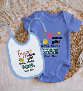BK Kids Kişiye Özel Teyze Anne Gibi Tasarımlı Mavi %100 Pamuklu Kısa Kol Bebek Body Zıbın ve Mama Önlüğü Hediye Seti