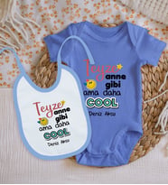 BK Kids Kişiye Özel Teyze Anne Gibi Tasarımlı Mavi %100 Pamuklu Kısa Kol Bebek Body Zıbın ve Mama Önlüğü Hediye Seti