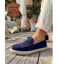 BA0251 %100 İçi Dışı Hakiki Deri Erkek Lacivert Süet Casual Loafer Kauçuk Rahat Taban Dikişli Ayakkabı