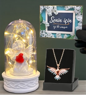 Led Işıklı Fanus ve Renkli Zümrüdü Anka Kuşu Kolye Hediye Seti (Model 2)