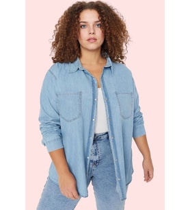 Kadın Denim Gömlek Regular Kalıp Pamuk Günlük Kullanım Hafta Sonu Yaz Aylarının Vazgeçilmezi (Mavi)