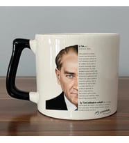 Atatürk Baskılı Gençliğe Hitabe Yazılı Siyah Kulplu Seramik D Kupa (Beyaz)