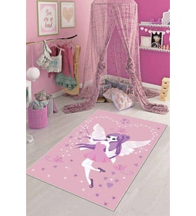 Pembe Kaymaz Tabanlı Yıkanabilir Prensesli Çocuk Halısı KD67