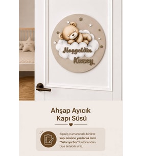 Ahşap Çocuğun İsmine Özel Ayıcıklı Kapı Süsü - Bebek Hastane Kapısı ve Bebek Odası için Kapı Süsü
