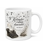 Daktilo Harfleri Karışık Çizimli Kelimelerle Dans Eden Eski Usul Kupa Bardak Hediye