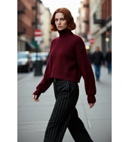 Kadın Oversize Fitilli Bordo Balıkçı Yaka Uzun Reglan Kollu Crop Akrilik Triko Kazak Kaliteli