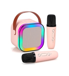 K12 İngilizce Sürüm Karaoke KTV Makinesi 2 Kablosuz Mikrofon - Led Aydınlatma Bluetooth Hoparlör Pembe