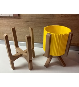 3D Baskı Ayaklı Çizgili Saksı - Bej Standlı Dekoratif Saksı - Sarı