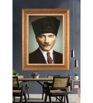 Altın Varaklı Çerçeveli Paspartulu Atatürk Tablo DC1279 (Gold)