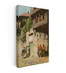Dikey Kanvas Tablo Ahşap Evler ve Sokak Yaşamı Osmanlı Tablosu Ev Ofis Duvar Dekoru