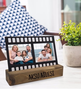 BK Gift Kişiye Özel 2 Fotoğraflı Film Şeridi Mesajlı Dekoratif Ahşap Stand