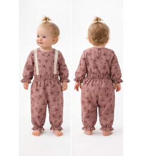 Dantel Detaylı Çiçek Desenli Müslin Kız Bebek Üst ve Pantolon İkili Set Takım Babyhola 2009 (Bordo)