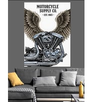Kanatlı Motosiklet Motoru Çizimi Dekoratif Kanvas - Mdf Ahşap Tablo