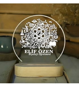 Kişiye Özel Biyoloji Öğretmenine Özel Kişiye Özel LED Işıklı Ahşap Masa İsimliği (Şeffaf)