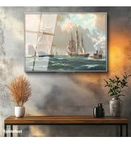 Gümüş Renk Metal Çerçeveli Tamperli Cam Tablo John Stobart Denizde Yelkenliler Buharlı Ressam Tablosu Duvar Dekoru