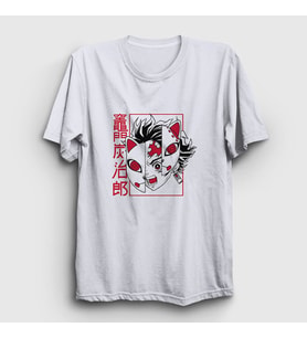 Presmono Unisex Beyaz Mask Tanjiro Kamado Anime Demon Slayer Kimetsu No Yaiba T-Shirt 307565tt