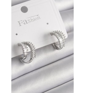 Pirinç Gümüş Renk 2'Li Zirkon Taşlı Halka Model Kadın Küpe - TJ-BKP9976