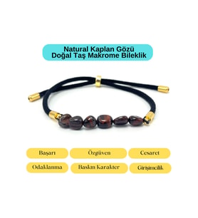 Sertifikalı Natural Kırmızı Kaplan Gözü Doğal Taş Makrome Bileklik Ayarlanabilir Ölçü