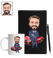 Kişiye Özel Araba Tasarımlı Karikatür Siyah Defter Kalem Kupa Seti 51