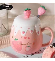 500ml Büyük Kapasiteli Seramik Sevimli Kaşıklı Dekoratif Meyve Tasarım Kahve Kupası (Pudra Pembe)