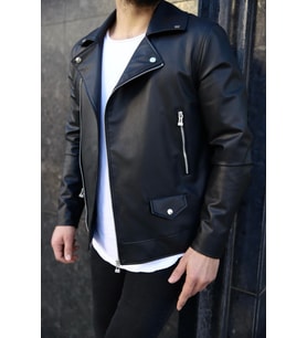 Yeni Sezon Slim Fit Biker Deri Ceket (Siyah)