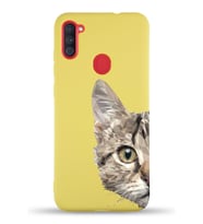 Samsung Galaxy A11 Uyumlu Lansman Kılıf Catface Tasarımlı İçi Kadife Kapak-Sarı (Şeffaf)